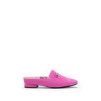 Scarlett Chase Weston Mule in Bright Pink Suede with floral lining and an SC silver accessory | profile on white background