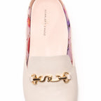 Scarlett Chase Weston Mule in Cream Napa with floral lining and an SC gold accessory | Overhead 3/4 view on white background