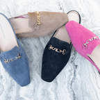 Scarlett Chase Weston Mule in Sky Blue, Pink, Taupe, Navy Suede with floral lining and an SC accessory | profile on marble background
