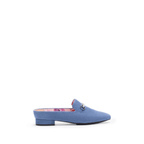 Scarlett Chase Weston Mule in Sky Blue Suede with floral lining and an SC silver accessory | profile on white background