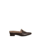 Scarlett Chase Weston Brown Leather and Camel Shearling Mule with an SC accessory | Profile on a white background