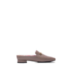 Scarlett Chase Weston Mule in Taupe Napa with floral lining and an SC gold accessory | Profile on white background