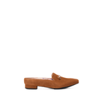 Scarlett Chase Weston Mule in Caramel Suede and an SC gold accessory | profile on white background