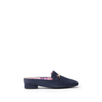 Scarlett Chase Weston Mule in Navy Suede with floral lining and an SC gold accessory | Profile on white background
