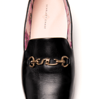 Scarlett Chase Weston Mule in Black Napa with floral lining and an SC gold accessory | Overhead view on white background