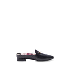 Scarlett Chase Weston Mule in Black Napa with floral lining and an SC gold accessory | Profile on white background