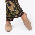 Scarlett Chase Weston Mule in Taupe Suede with floral lining and an SC gold accessory | On feet on white background