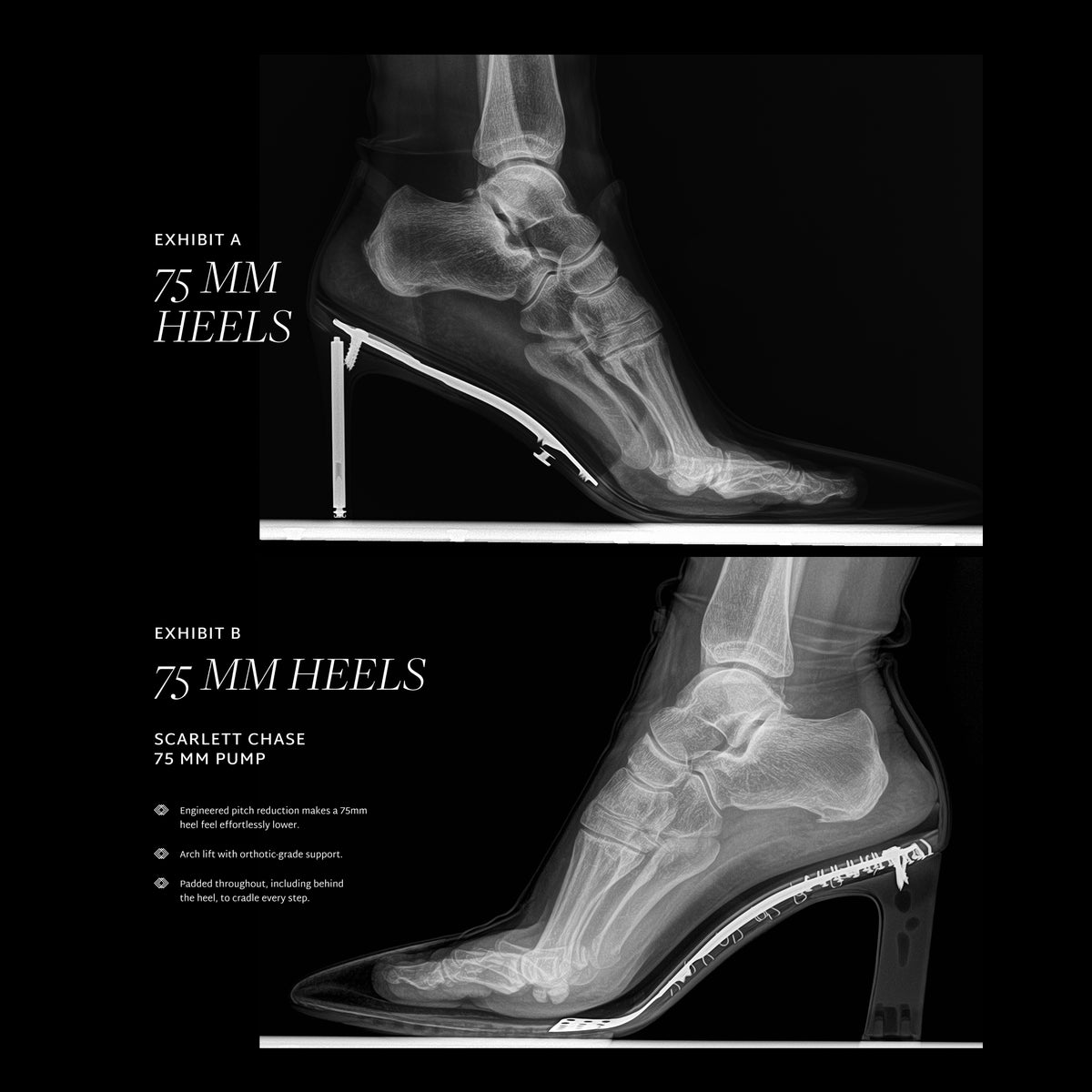 X-ray images of high-heeled shoes with text indicating heel height and brand name.
