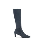 Scarlett Chase knee-high deep ocean stretch italian suede Clara 55 boot with a block heel | Profile on white background