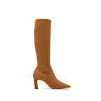 Scarlett Chase knee-high stretch camel suede Lola 75 boot with a block heel | Profile on white background