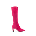 Scarlett Chase knee-high stretch bright pink suede Lola 75 boot with a block heel | Profile on white background