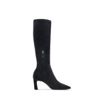 Scarlett Chase knee-high black stretch suede Lola 75 boot with a block heel and a zipper | Profile on white background
