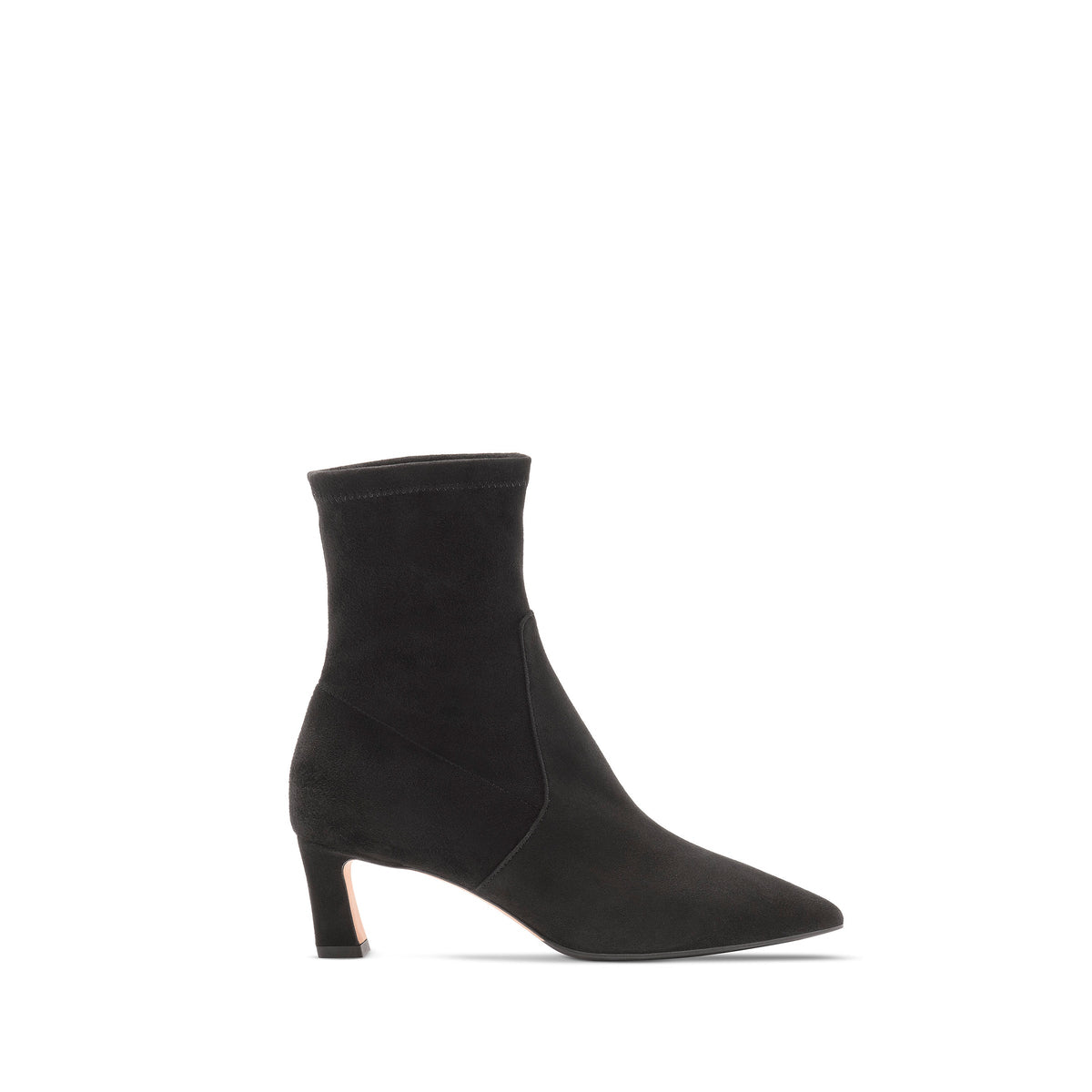 Scarlett Chase ankle stretch black suede Maya 55 bootie with a block heel  |  Profile on white background 