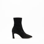 Scarlett Chase ankle stretch black suede Portia 75 bootie with a block heel | Profile on white background