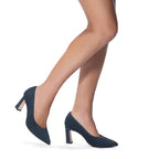 Scarlett Chase Scarlett 75 Pump Navy Suede with a V-cut upper and block heel | On foot walking on white background