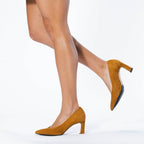 Scarlett Chase Scarlett 75 Pump Camel Suede with a V-cut upper and block heel | On foot of a model walking on white background